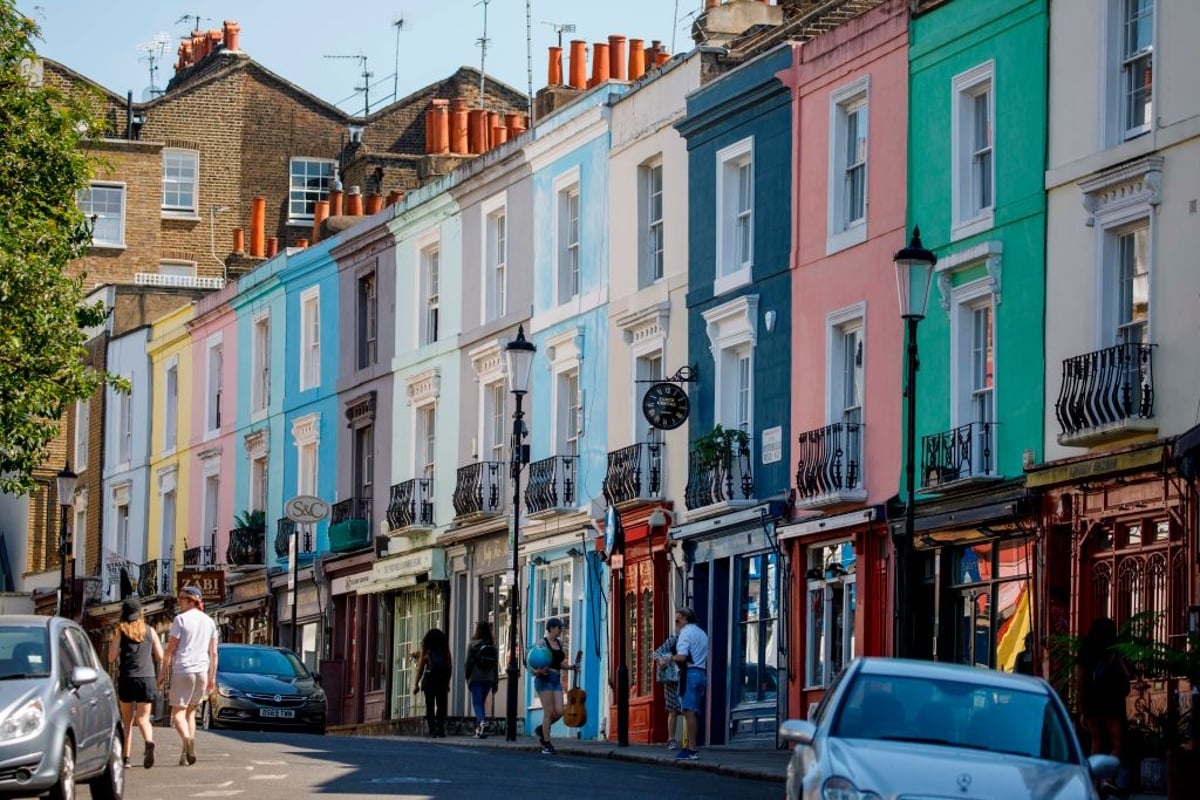 Colourful houses and shops on Portobello Road in Notting Hill
